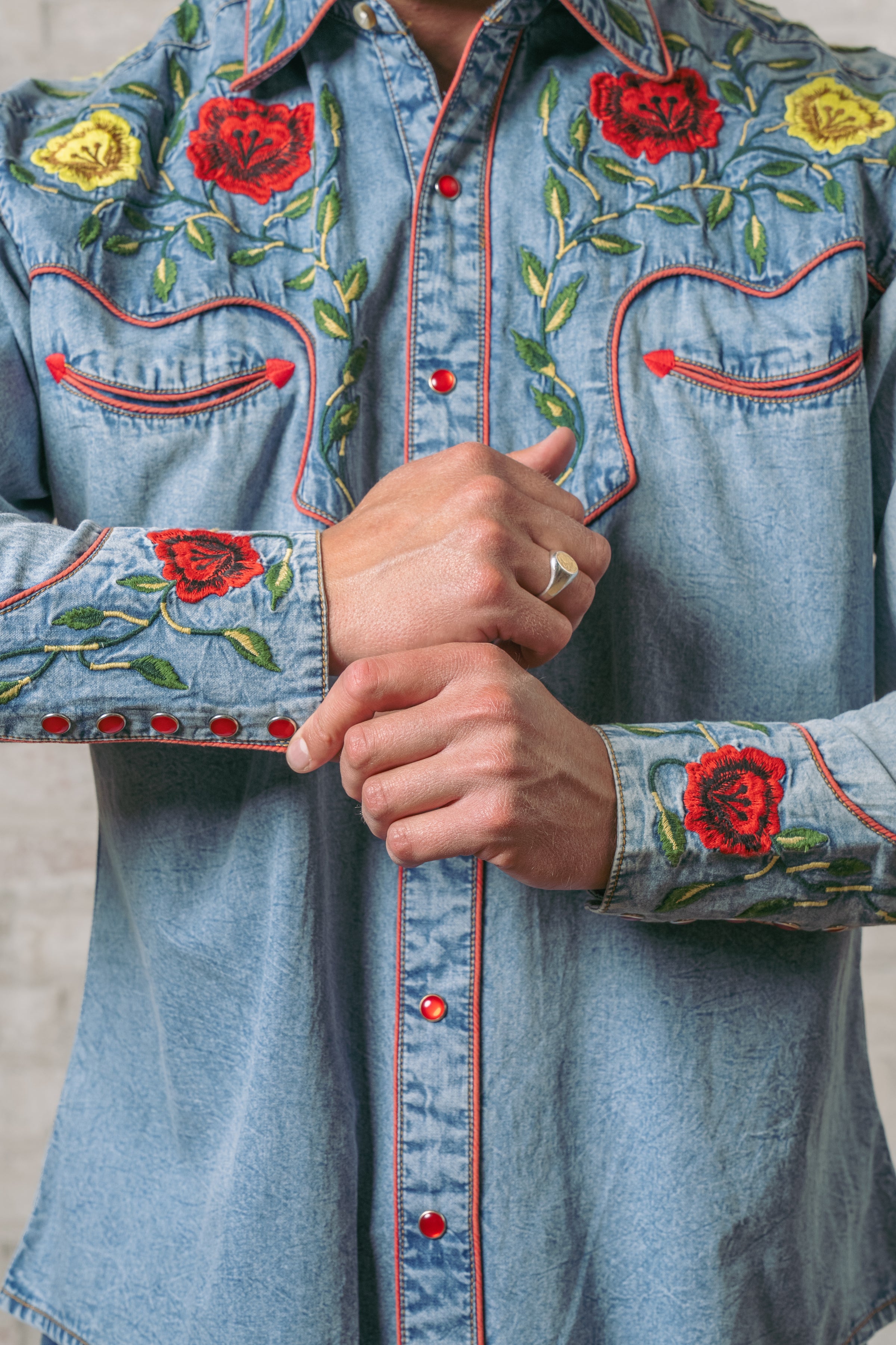 Men's Vintage Denim Floral Embroidered Western Shirt