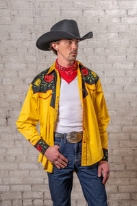 Men's 2-Tone Black & Gold Floral Embroidered Western Shirt