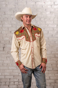 Men's 2-Tone Brown & Tan Floral Embroidered Western Shirt