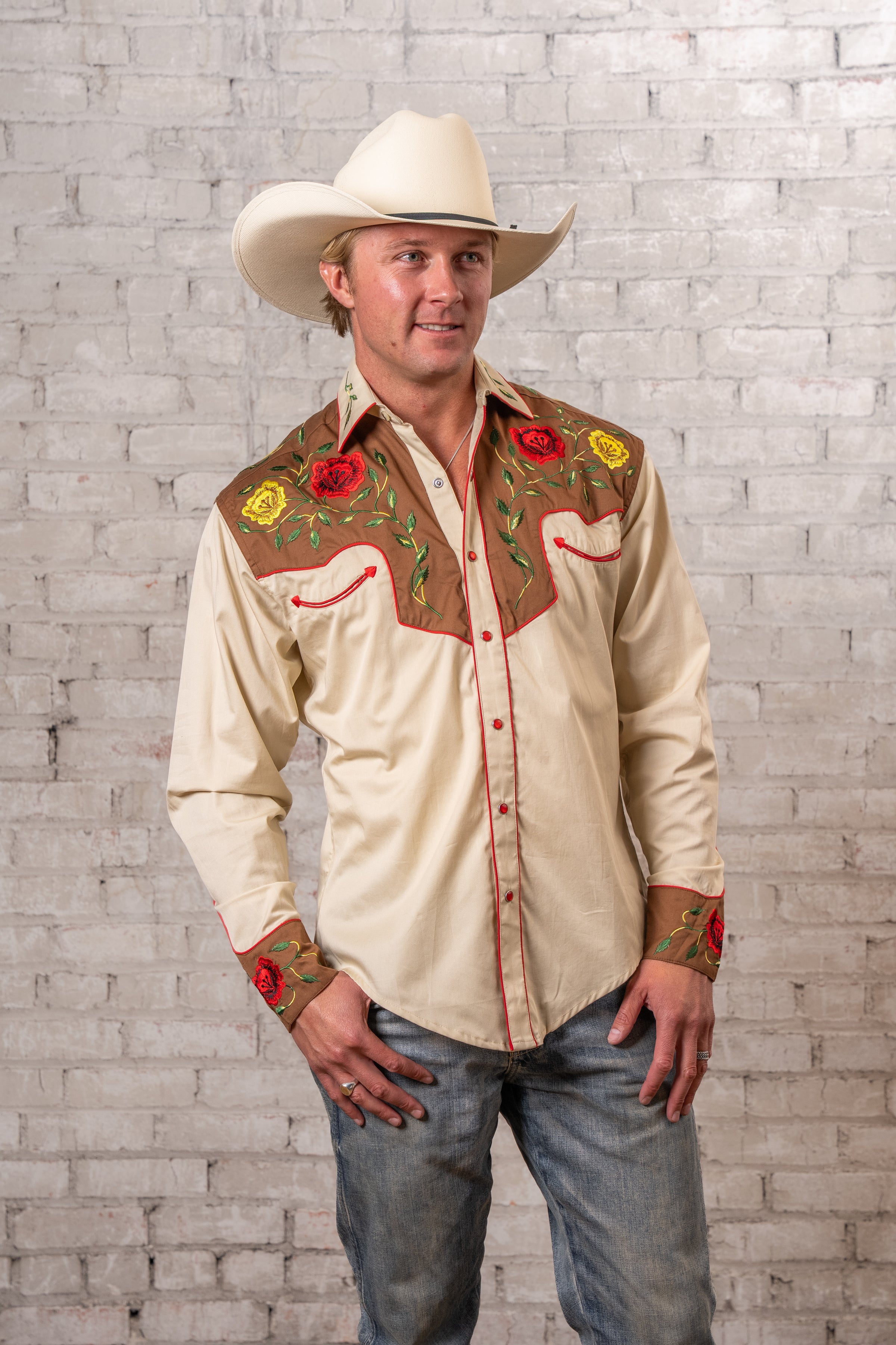 Men's 2-Tone Brown & Tan Floral Embroidered Western Shirt
