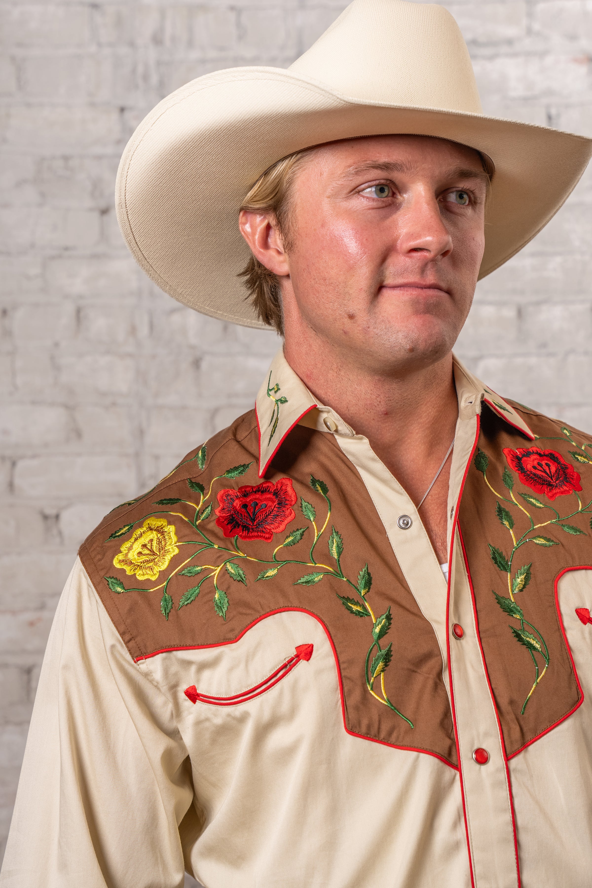 Men's 2-Tone Brown & Tan Floral Embroidered Western Shirt