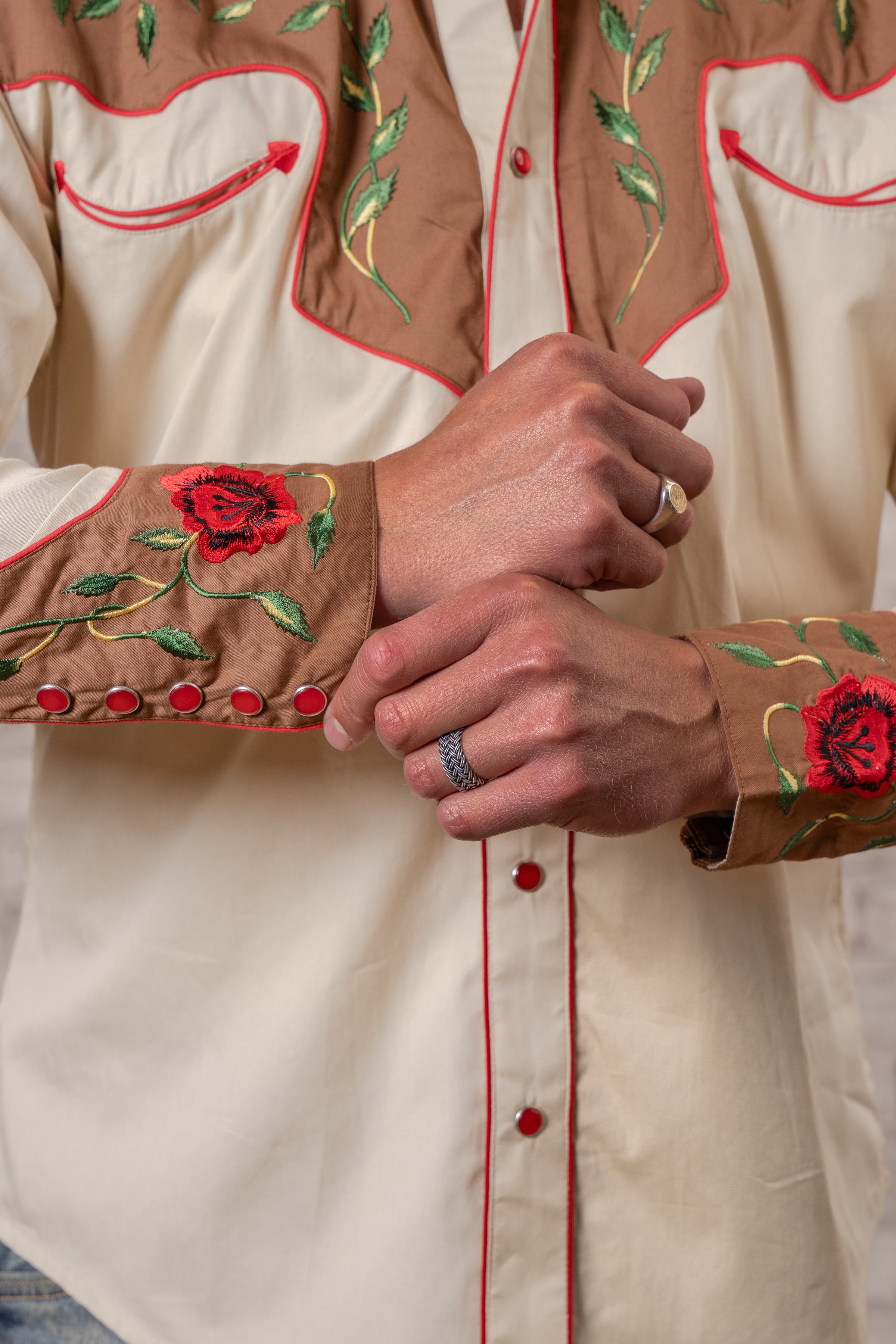 Men's 2-Tone Brown & Tan Floral Embroidered Western Shirt