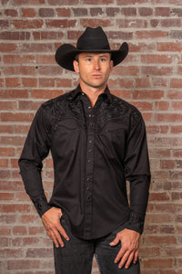 Men's Vintage Black-on-Black Tooling Embroidered Western Shirt by Rockmount Ranch Wear with western embroidered button-front cuffs