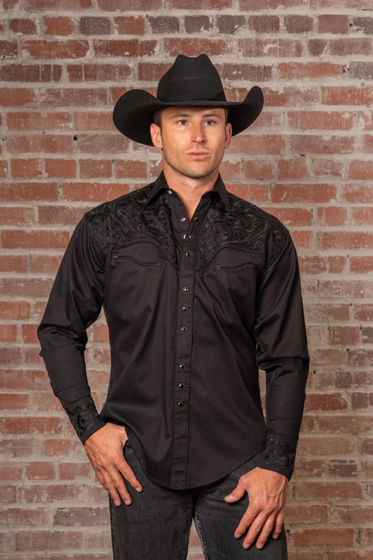 Men's Vintage Black-on-Black Tooling Embroidered Western Shirt by Rockmount Ranch Wear with western embroidered button-front cuffs