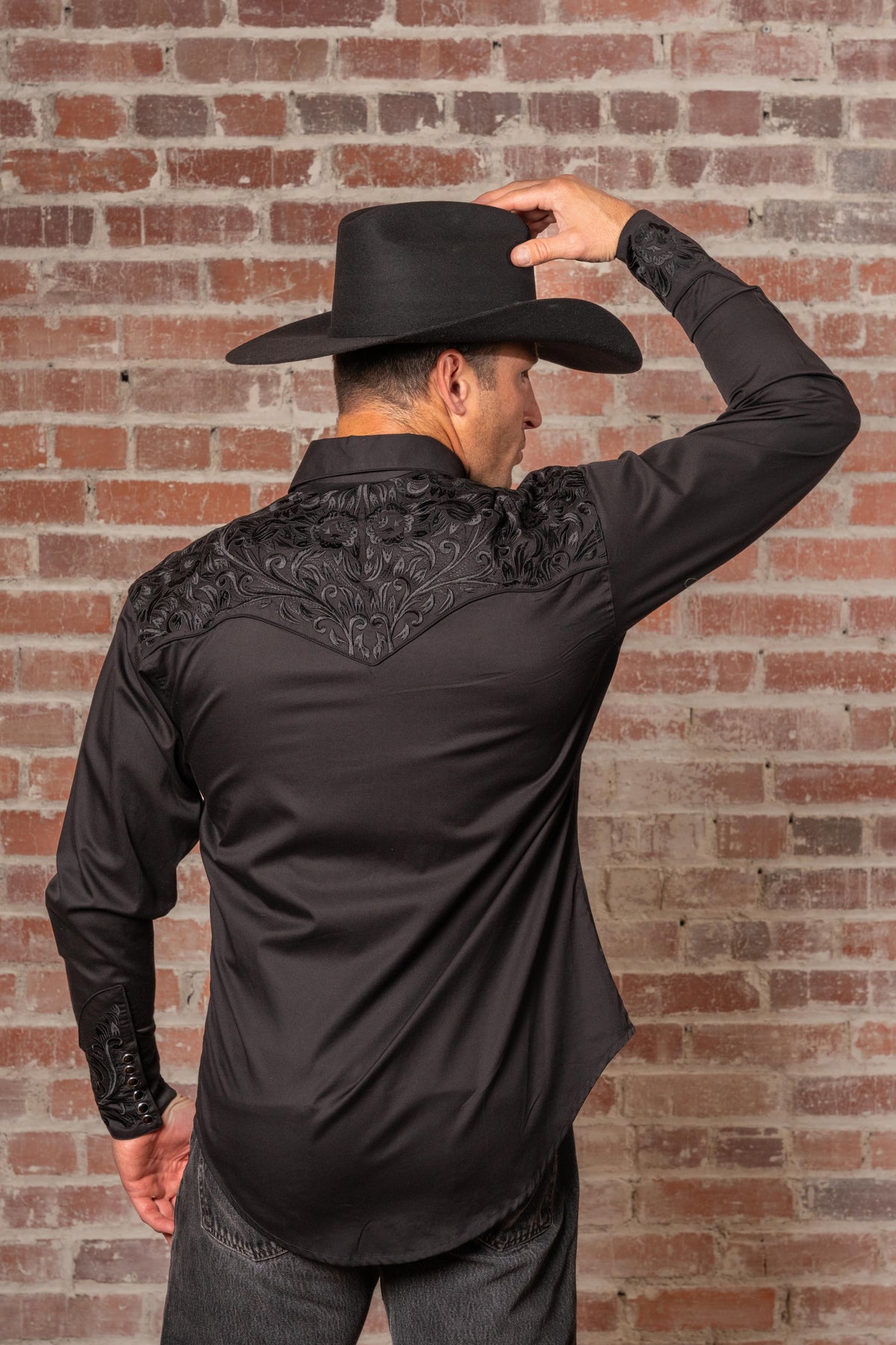 Men's Vintage Black-on-Black Tooling Embroidered Western Shirt by Rockmount Ranch Wear with western embroidered button-front