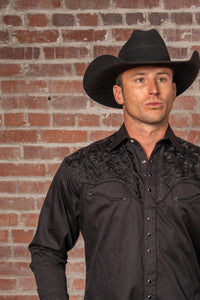 Men's Vintage Black-on-Black Tooling Embroidered Western Shirt by Rockmount Ranch Wear, vintage embroidered western shirt