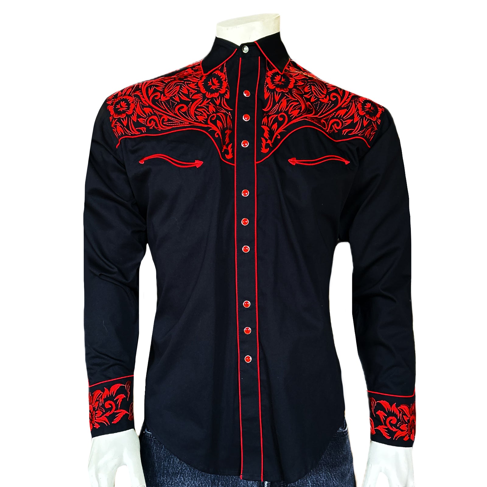 Men's Vintage Black & Red Tooling Embroidered Western Shirt - Rockmount
