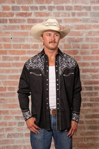 Men's Vintage Black Silver Tooling Embroidered Western Shirt by Rockmount Ranch Wear with embroidered floral saddle tooling