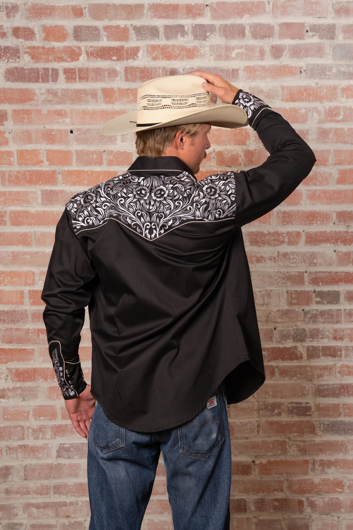 Men's Vintage Black Silver Tooling Embroidered Western Shirt by Rockmount Ranch Wear with embroidered floral saddle tooling