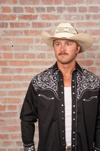 Men's Vintage Black Silver Tooling Embroidered Western Shirt by Rockmount Ranch Wear with floral embroidery