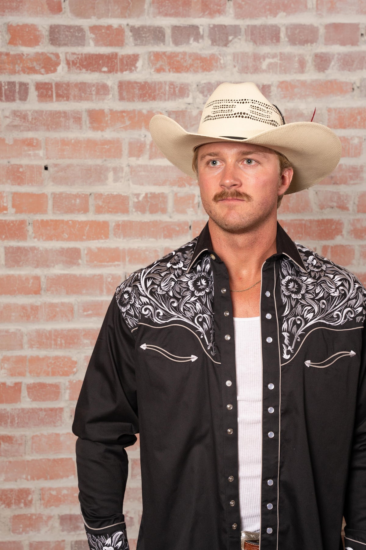 Men's Vintage Black Silver Tooling Embroidered Western Shirt by Rockmount Ranch Wear with floral embroidery