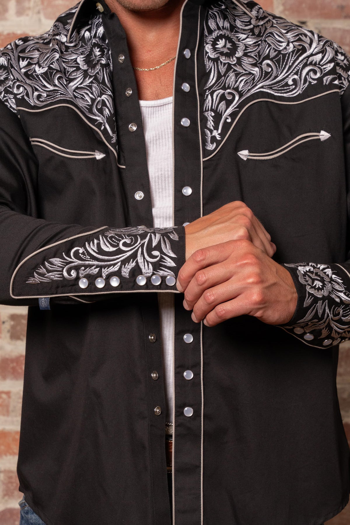 Men's Vintage Black Silver Tooling Embroidered Western Shirt by Rockmount Ranch Wear with embroidered floral saddle tooling