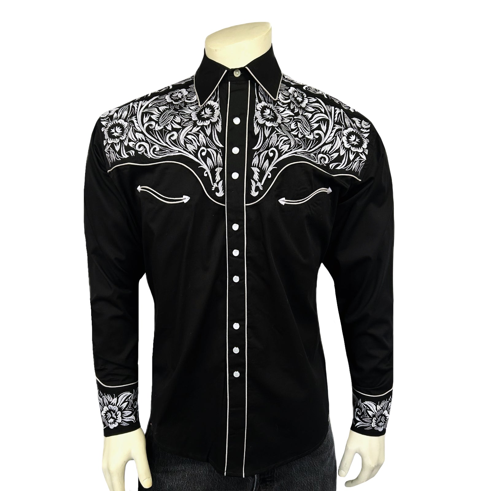 Men's Vintage Black & Silver Tooling Embroidered Western Shirt - Rockmount