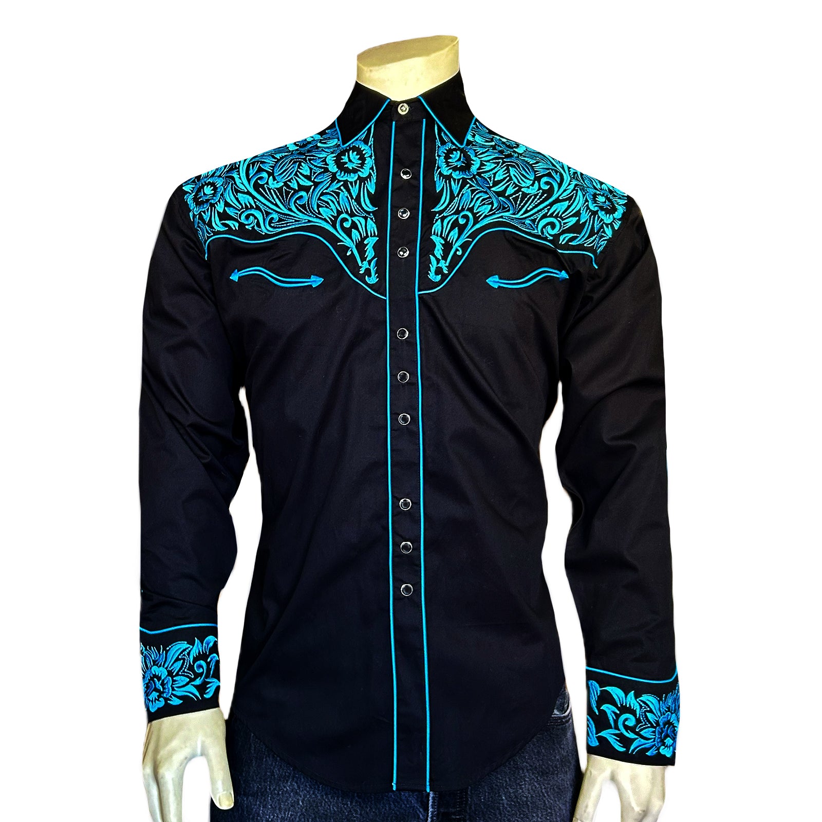 Men's Vintage Black & Turquoise Tooling Embroidered Western Shirt - Rockmount