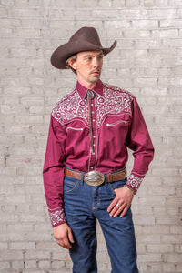 Men's Vintage Burgundy & Silver Tooling Embroidered Western Shirt