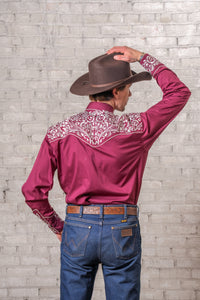 Men's Vintage Burgundy & Silver Tooling Embroidered Western Shirt