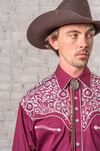 Men's Vintage Burgundy & Silver Tooling Embroidered Western Shirt