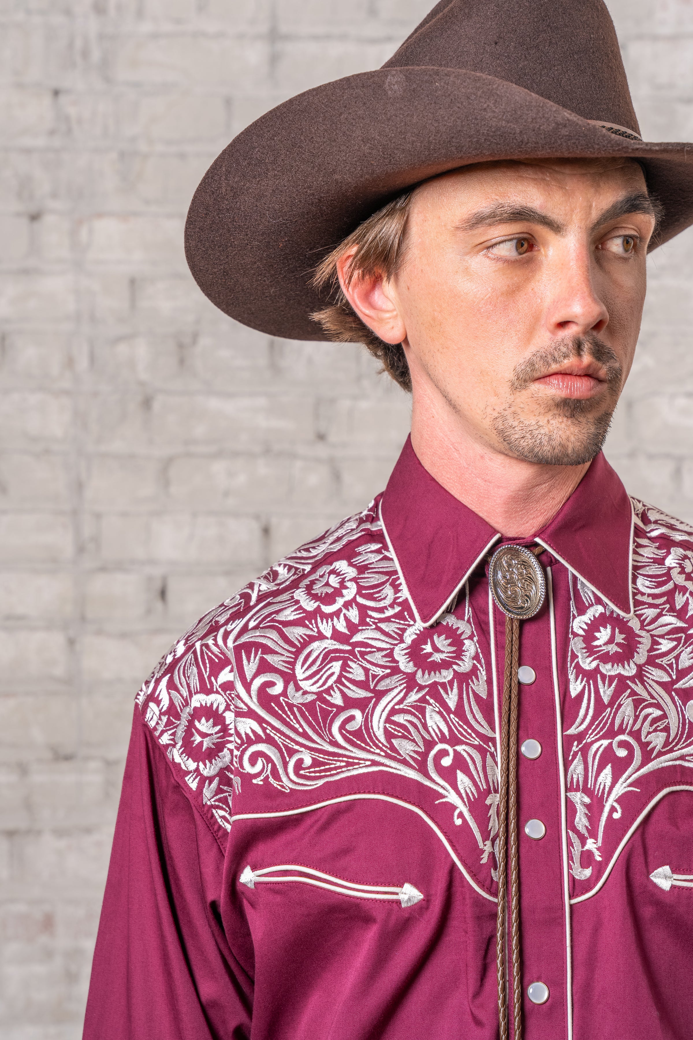 Men's Vintage Burgundy & Silver Tooling Embroidered Western Shirt