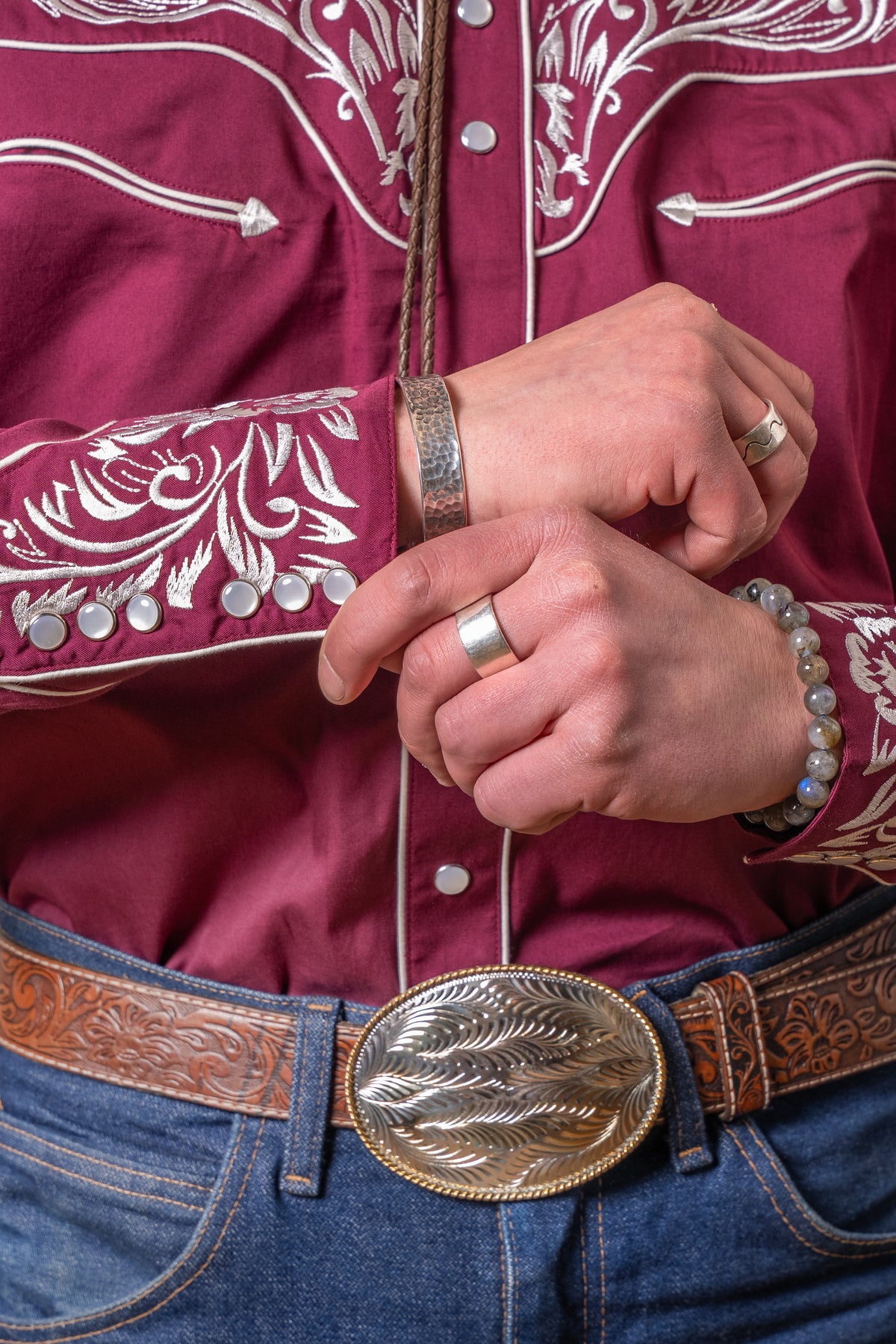 Men's Vintage Burgundy & Silver Tooling Embroidered Western Shirt