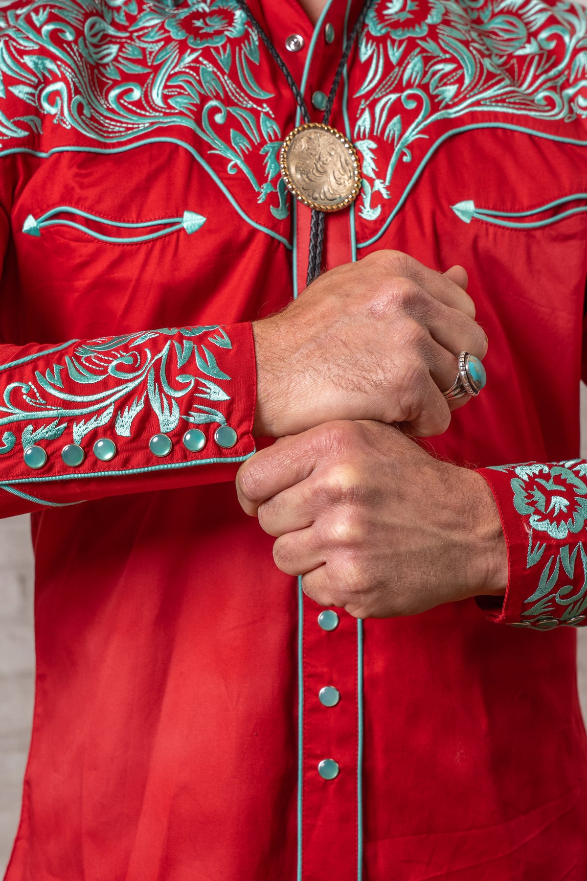 Men's Vintage Coral & Turquoise Tooling Embroidered Western Shirt