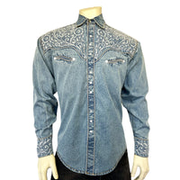 Men's Vintage Denim & Blue Tooling Embroidered  Western Shirt - Rockmount