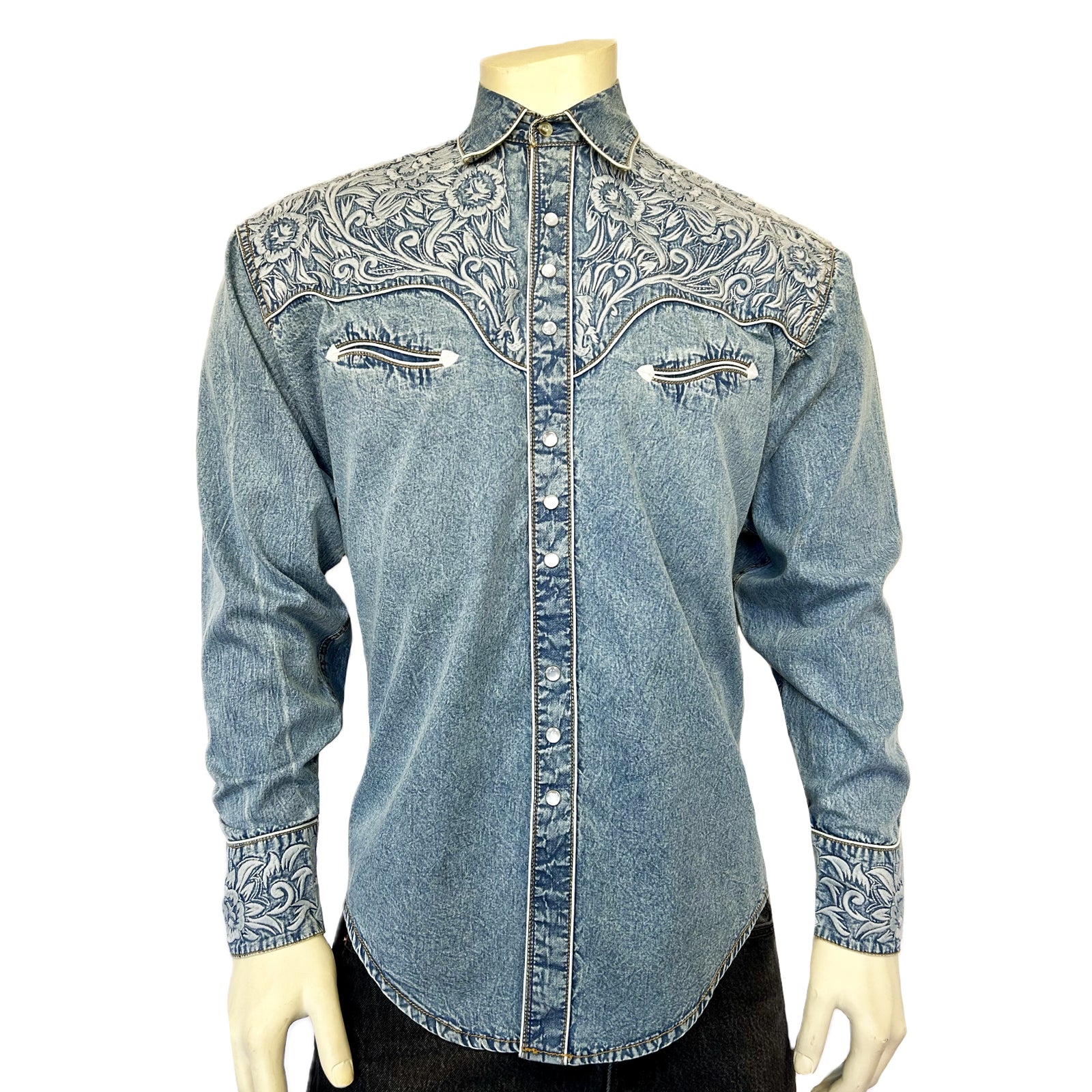 Men's Vintage Denim & Blue Tooling Embroidered  Western Shirt - Rockmount