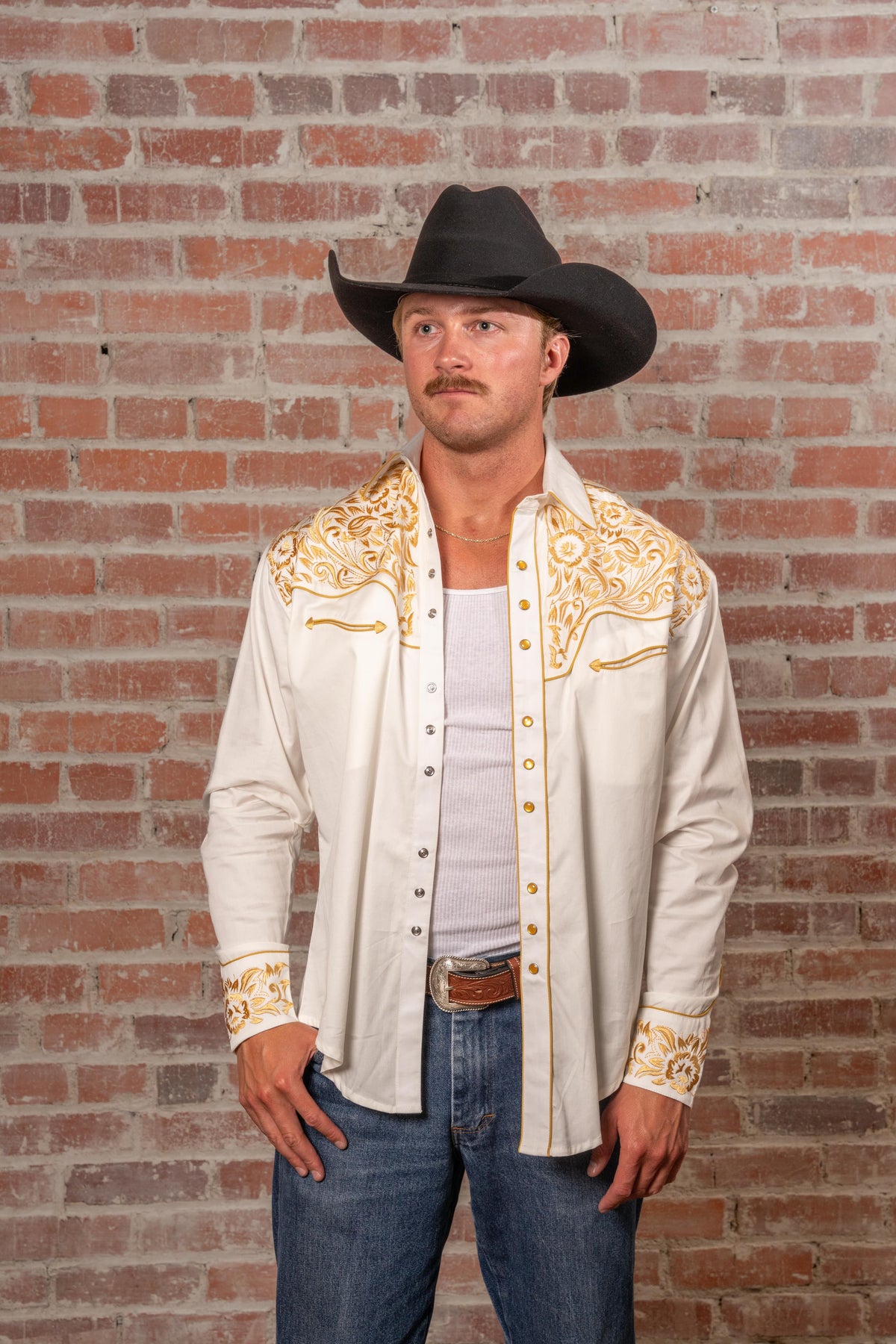 Men's Vintage Ivory and Gold Tooling Embroidered Western Shirt by Rockmount Ranch Wear with floral embroidery