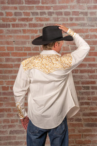 Men's Vintage Ivory and Gold Tooling Embroidered Western Shirt by Rockmount Ranch Wear with floral embroidery