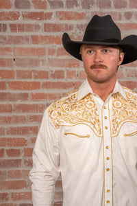 Men's Vintage Ivory and Gold Tooling Embroidered Western Shirt by Rockmount Ranch Wear with floral embroidery