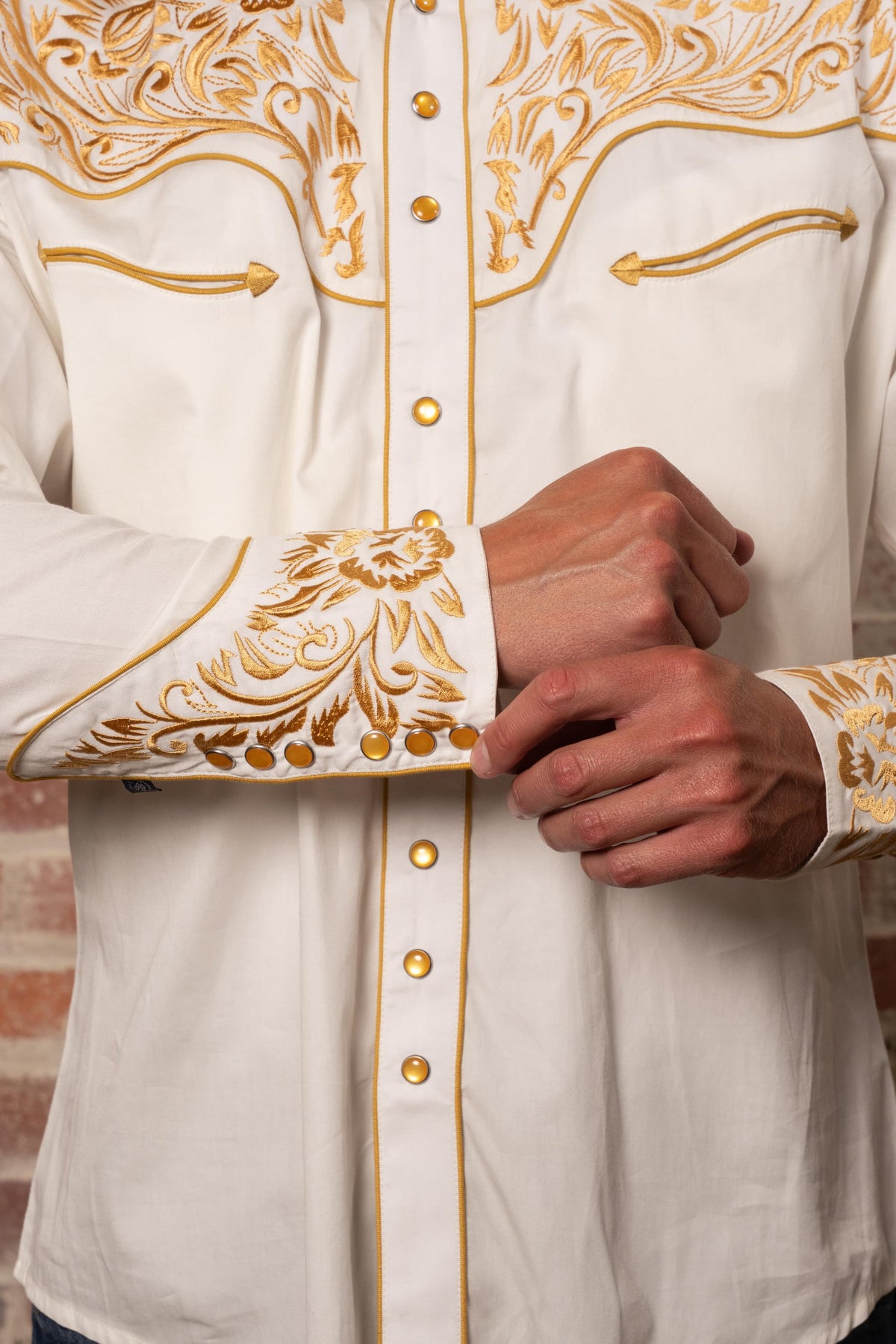 Men's Vintage Ivory and Gold Tooling Embroidered Western Shirt