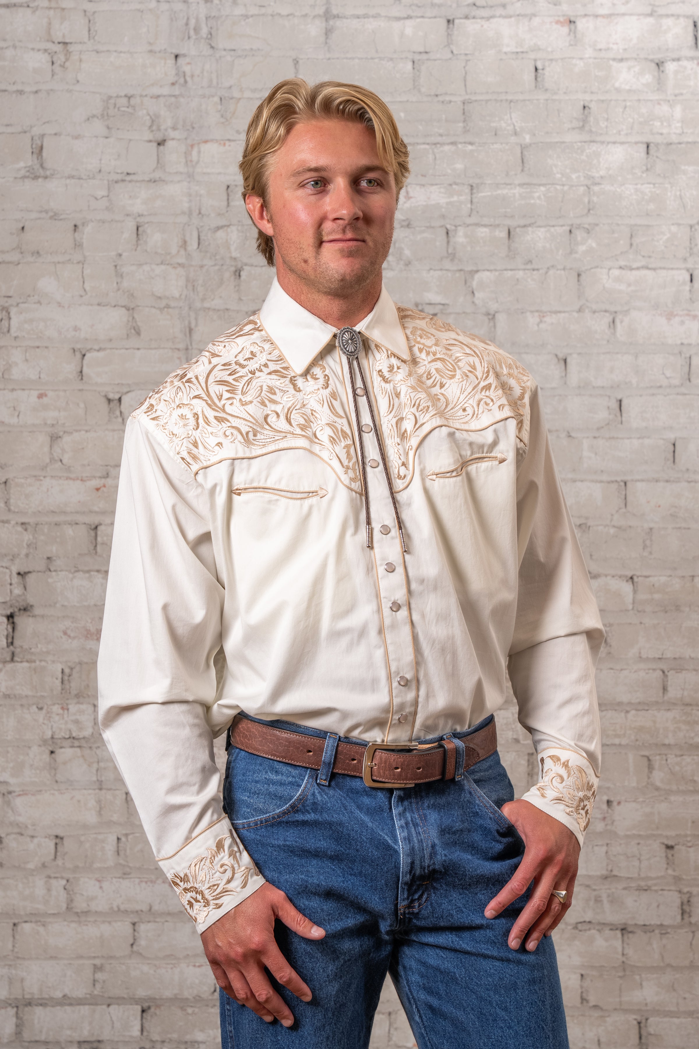 Men's Vintage Ivory-on-Ivory Tooling Embroidery Western Shirt