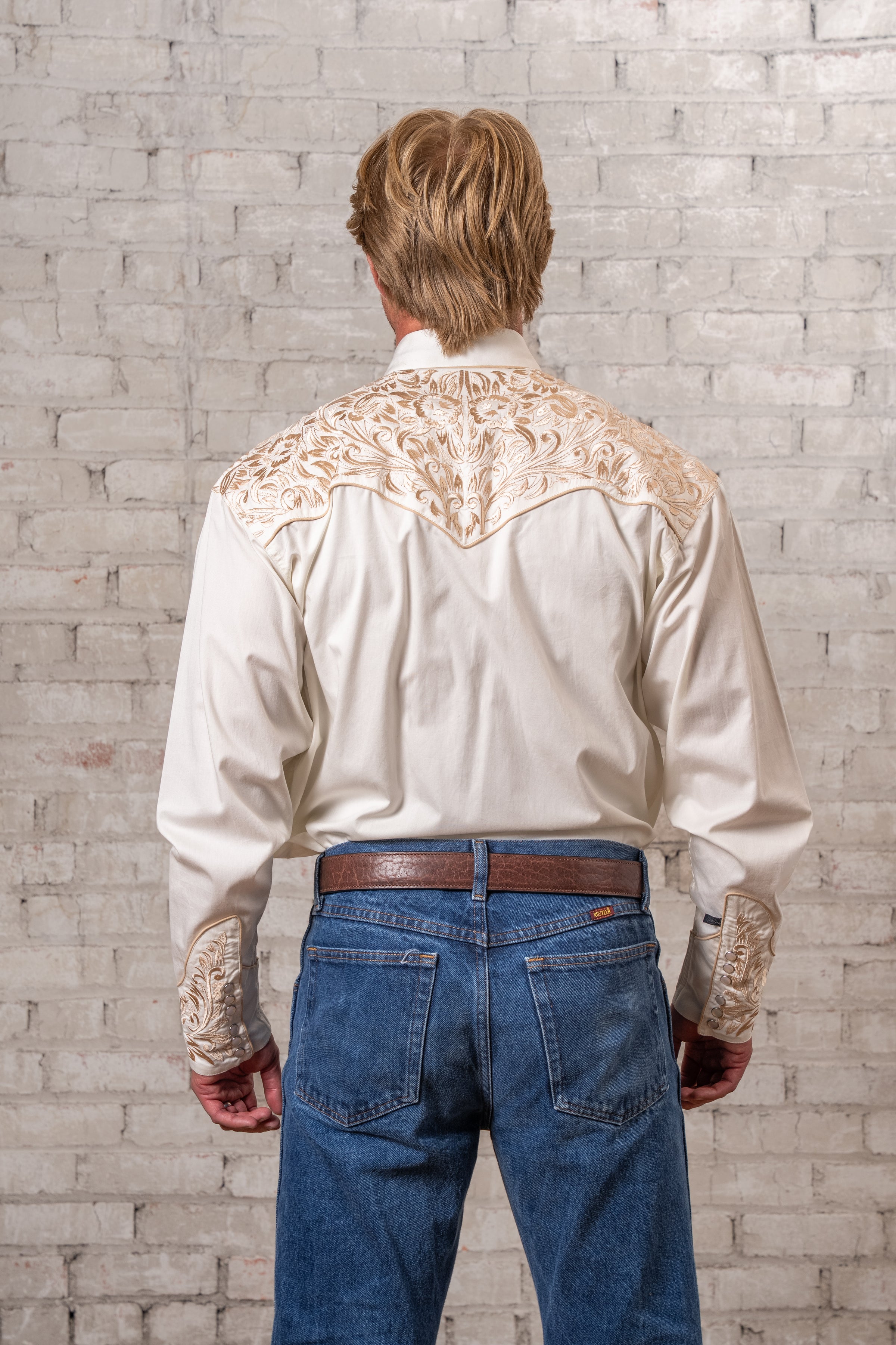 Men's Vintage Ivory-on-Ivory Tooling Embroidery Western Shirt