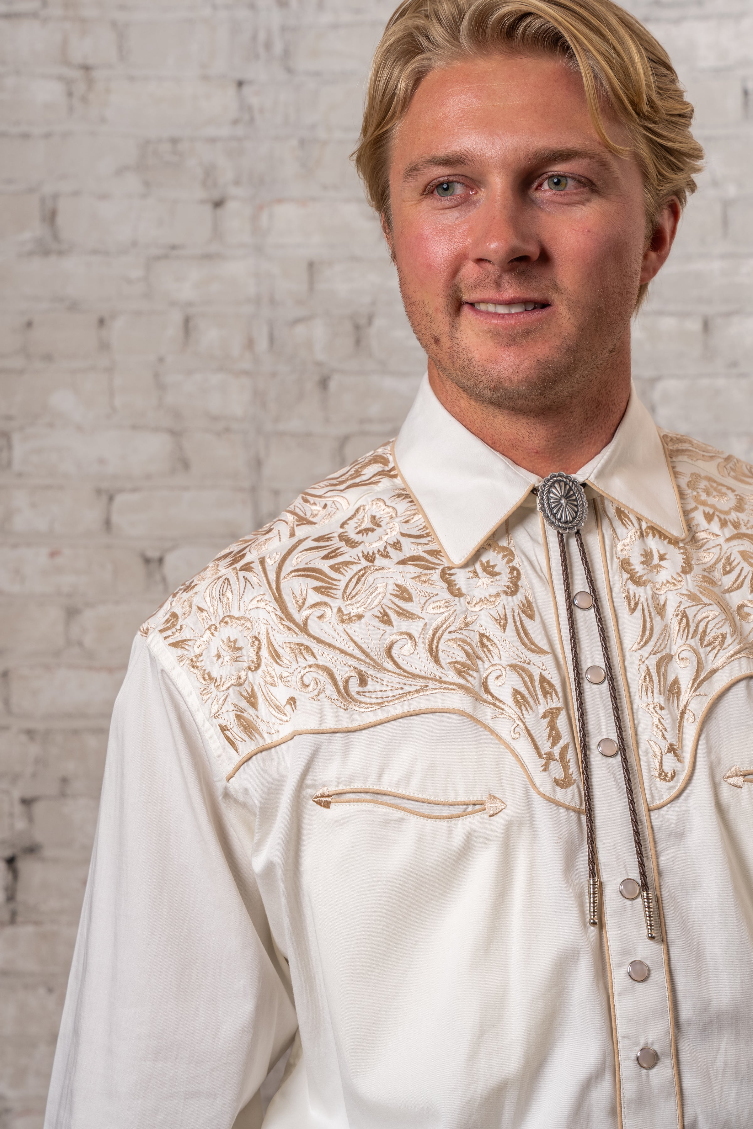 Men's Vintage Ivory-on-Ivory Tooling Embroidery Western Shirt