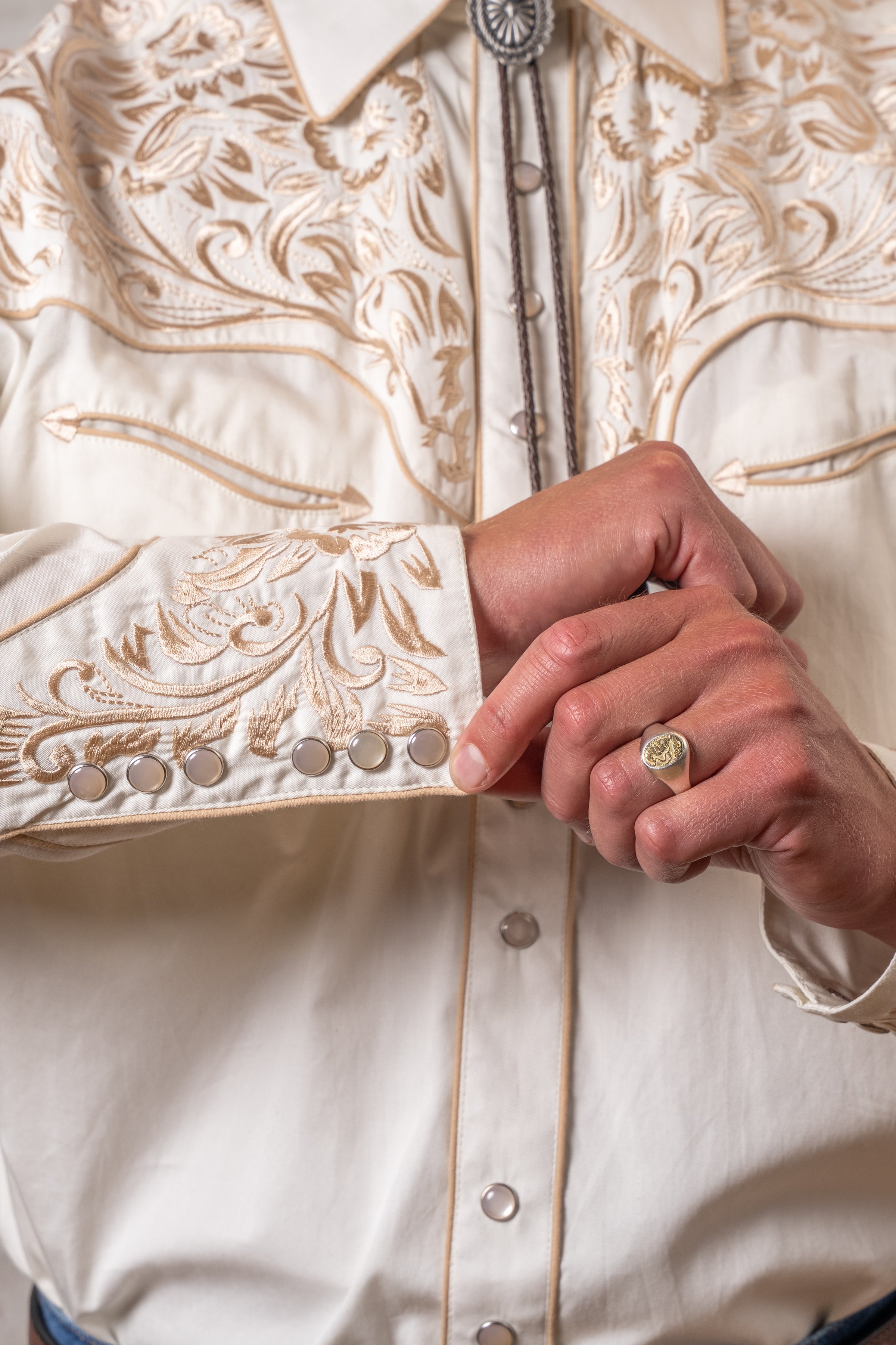 Men's Vintage Ivory-on-Ivory Tooling Embroidery Western Shirt