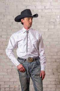 Men's Vintage White-on-White Tooling Embroidered Western Shirt