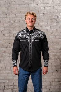 Men's Vintage Black & Silver Tooling Embroidered Western Shirt