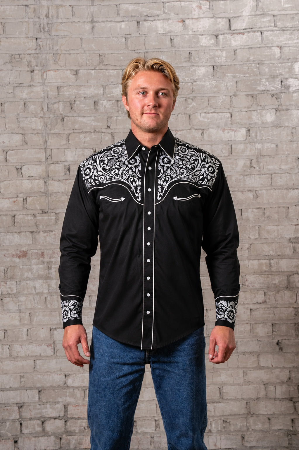 Men's Vintage Black & Silver Tooling Embroidered Western Shirt