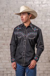 Men's Black Native Pattern Embroidered Western Shirt
