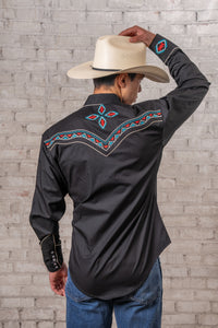 Men's Black Native Pattern Embroidered Western Shirt