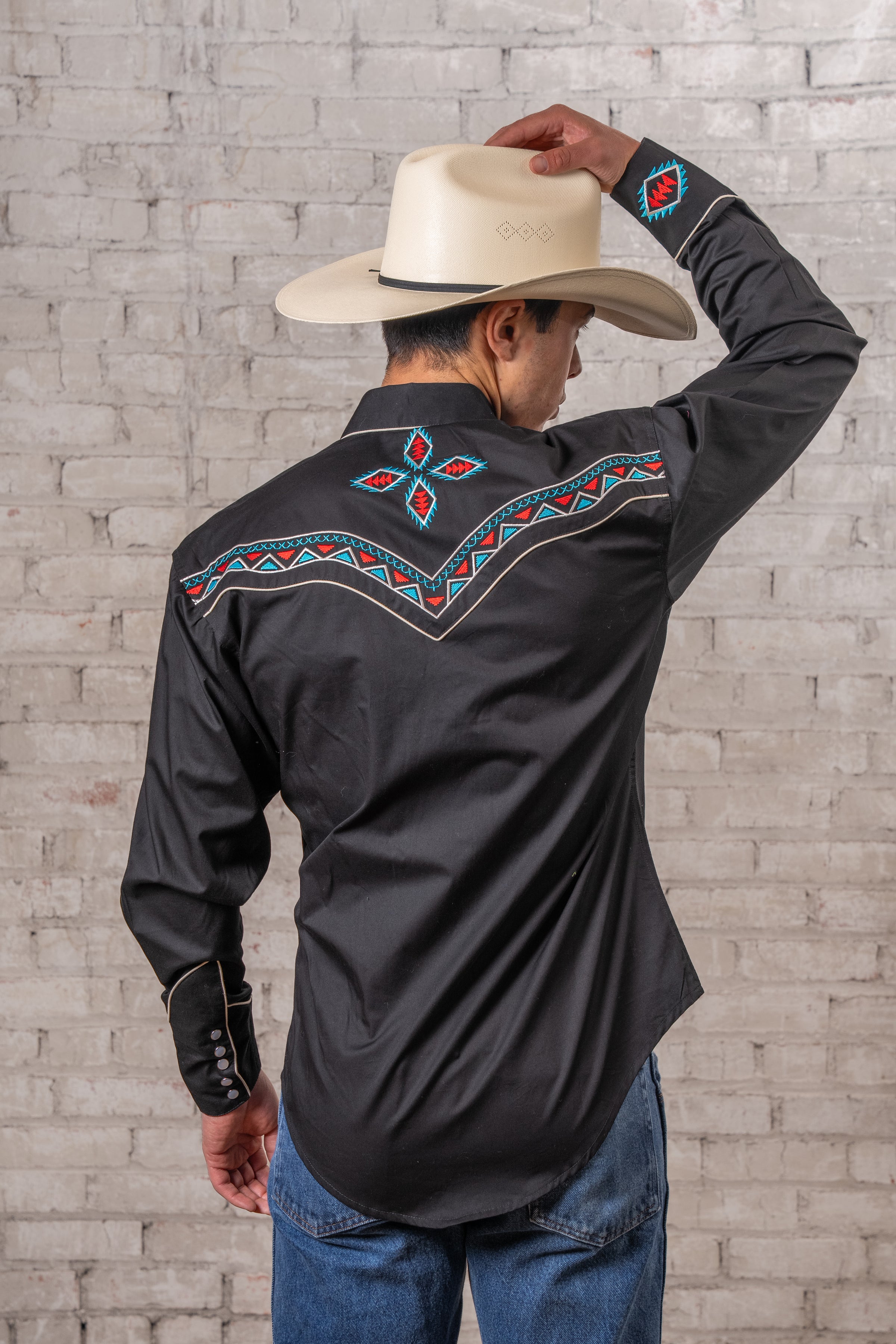 Men's Black Native Pattern Embroidered Western Shirt