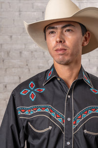 Men's Black Native Pattern Embroidered Western Shirt