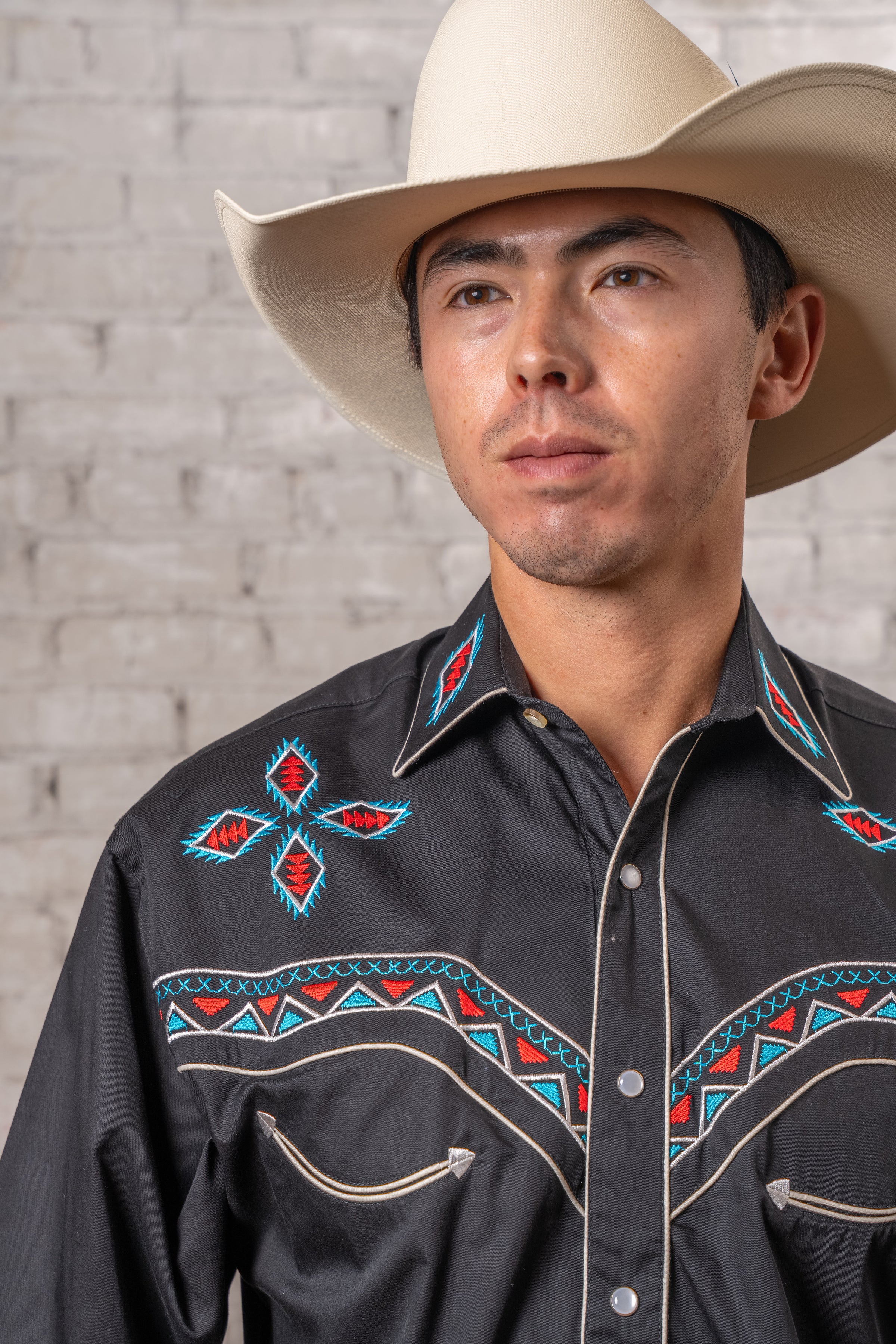 Men's Black Native Pattern Embroidered Western Shirt