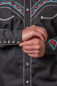 Men's Black Native Pattern Embroidered Western Shirt