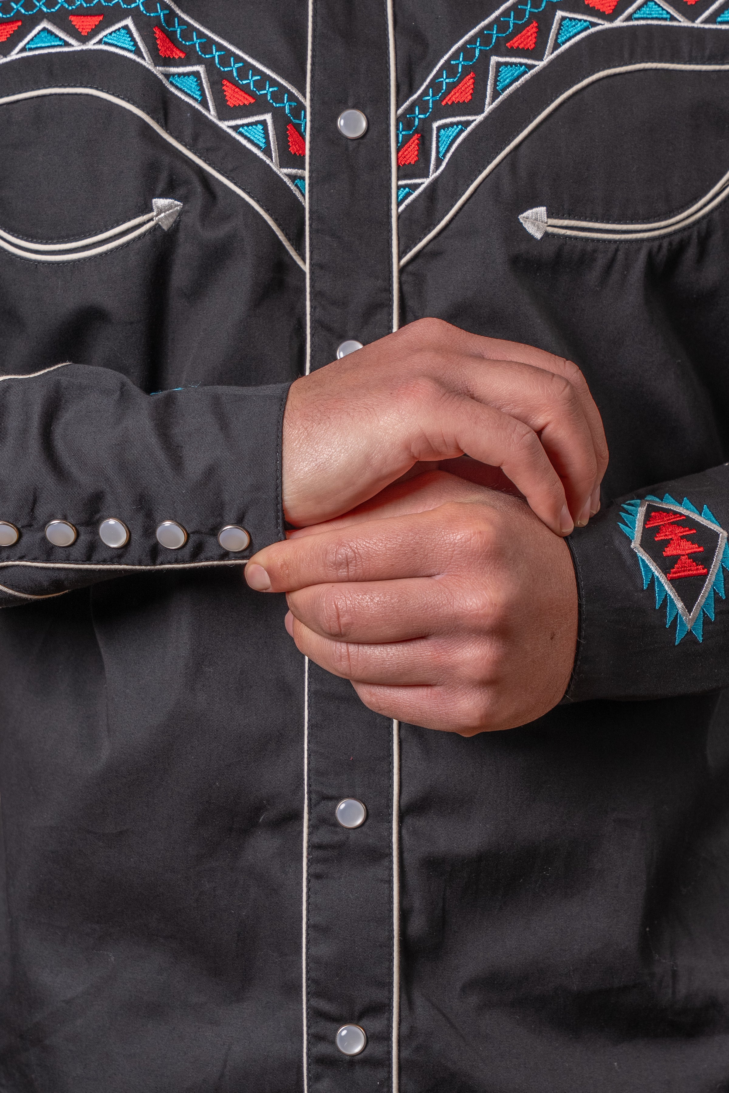 Men's Black Native Pattern Embroidered Western Shirt