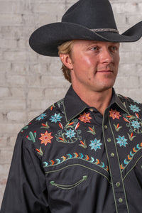 Men’s Black Agave Cactus Floral Embroidered Western Shirt