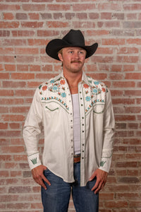 Men’s Ivory Agave Cactus Floral Embroidered Western Shirt