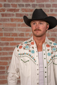 Men’s Ivory Agave Cactus Floral Embroidered Western Shirt