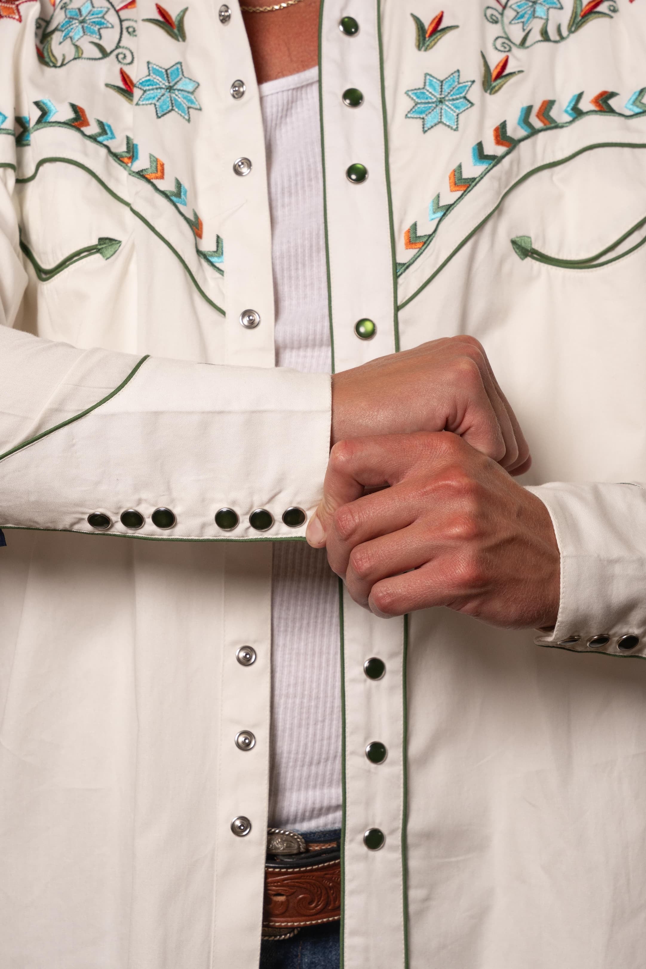 Men’s Ivory Agave Cactus Floral Embroidered Western Shirt