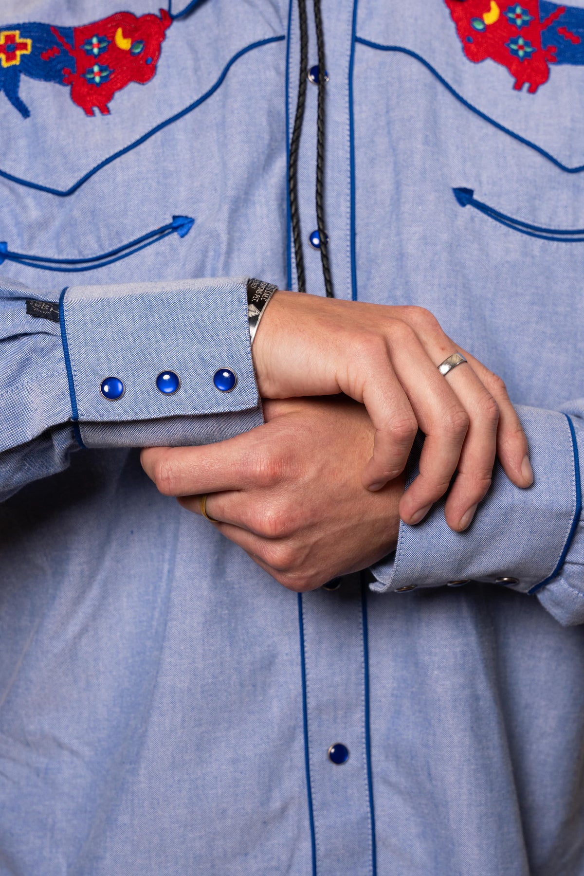 Men's American Bison Chambray Embroidered Western Shirt by Rockmount Ranch Wear in blue chambray with chenille embroidery