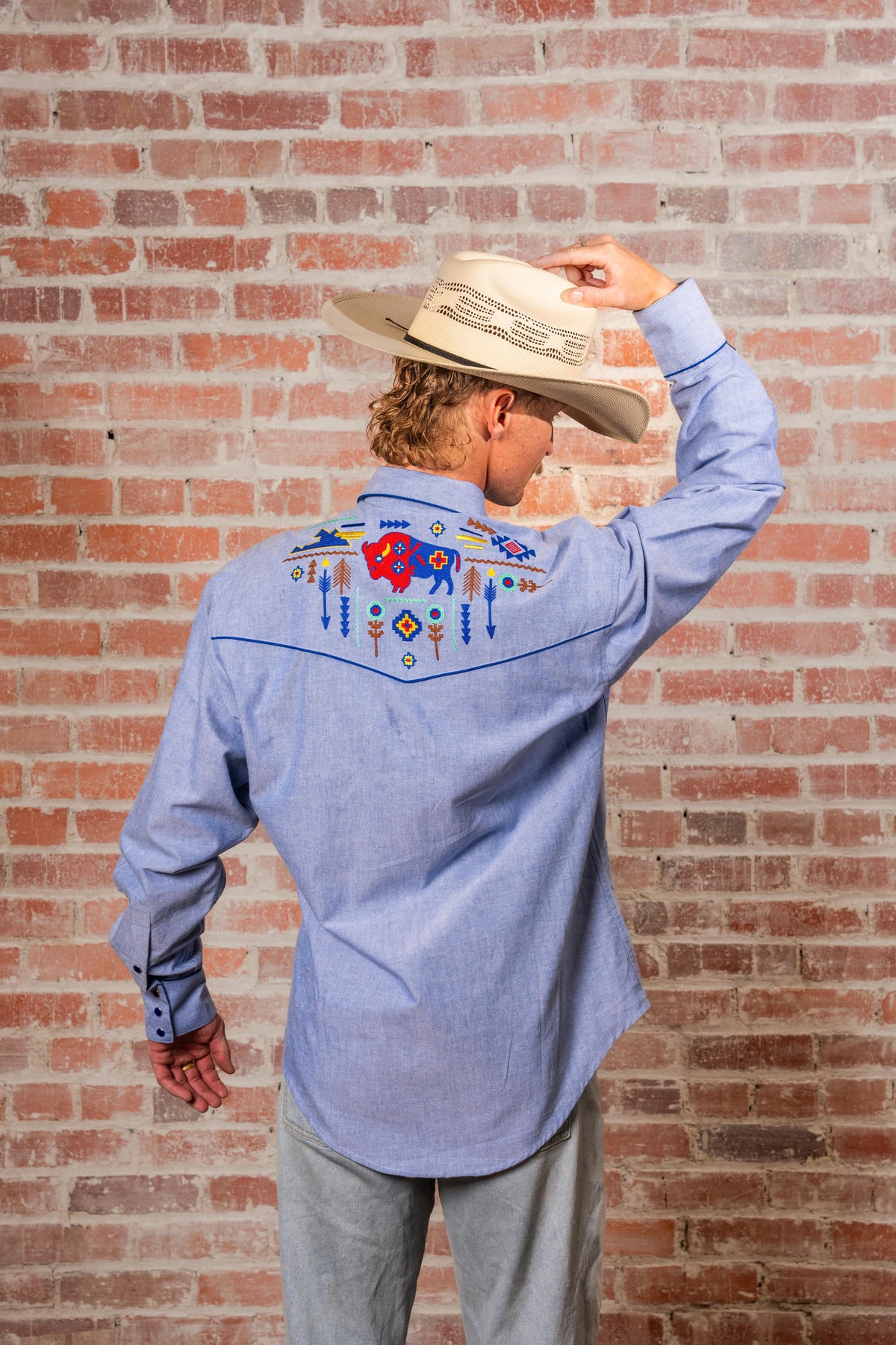 Men's American Bison Chambray Embroidered Western Shirt by Rockmount Ranch Wear, chambray with chenille floral embroidery